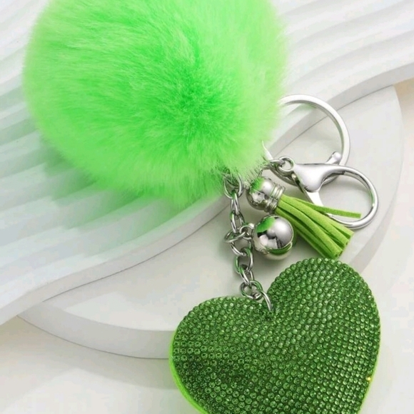 🔹️Rhinestone Heart & Pom Pom Charm tassles Keychain, For Decoration✨️💚 - Picture 2 of 10